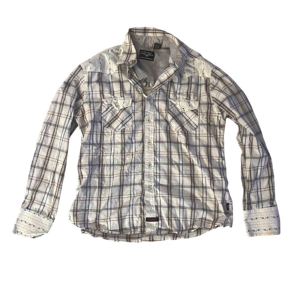 Vintage Y2K Men's Fender Embroidered Plaid‎ Button Up Shirt- Size L